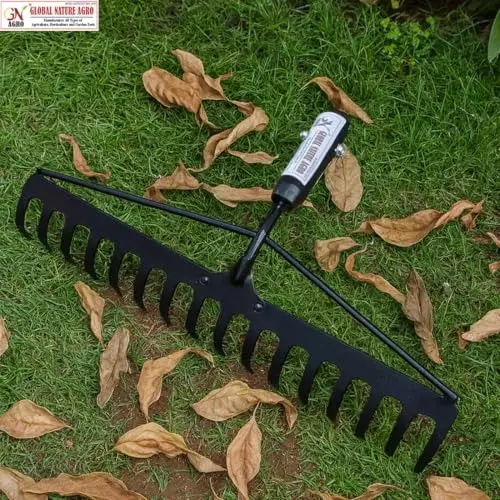 Global Nature Agro 16 Tine Heavy Duty Garden Rake 16 Inch (40.64 cm) Blade Size Metal Hand Operated Ergonomic Grip for Home, Farming & Gardening