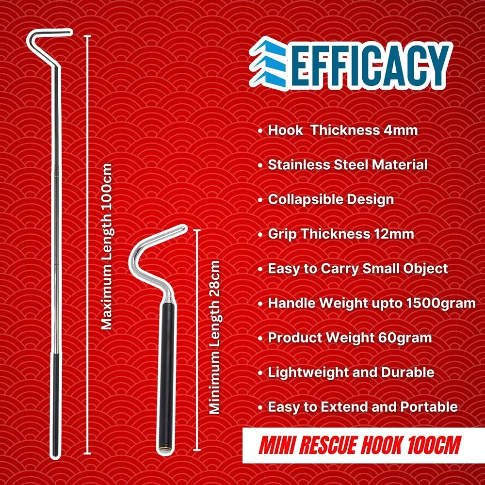EFFICACY Multipurpose Extendable Hook / Grabber Tool 100 cm Stainless Steel Soft Grip Handle Black & Silver