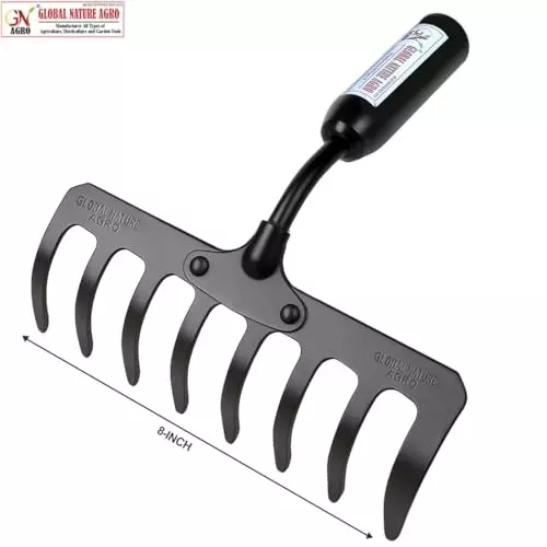 global-nature-agro-8-tine-heavy-duty-garden-rake-8-inch-2032-cm-blade-size-metal-hand-operated-ergonomic-grip-for-home-farming-gardening