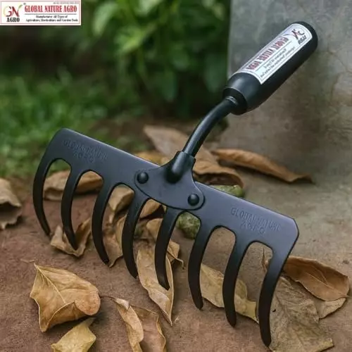 global-nature-agro-8-tine-heavy-duty-garden-rake-8-inch-2032-cm-blade-size-metal-hand-operated-ergonomic-grip-for-home-farming-gardening