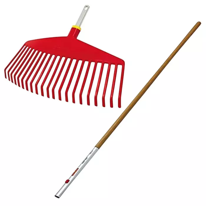Wolf Garten Plastic Rake With Wooden Handle (Multi Star) in Red & Brown Color and 42 cm Head Size, 71AA0003650