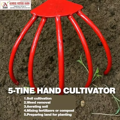 Global Nature Agro 5 Tine Hand Cultivator With Handle Kit Hand Operated 2 ft (61 cm Handle) Rubber Grip for Home, Farming & Gardening