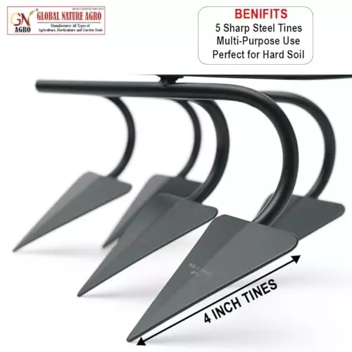 Global Nature Agro 5 Tine Hand Cultivator 4 Inch (10 cm) Blade Size Hand Operated Ergonomic Grip for Home, Farming & Gardening