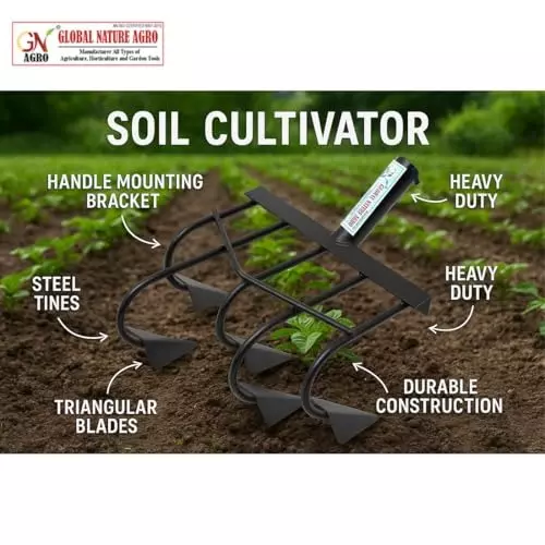 Global Nature Agro 5 Tine Hand Cultivator 4 Inch (10 cm) Blade Size Hand Operated Ergonomic Grip for Home, Farming & Gardening