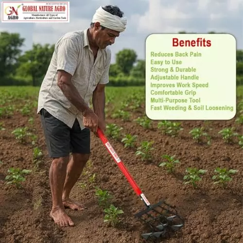 Global Nature Agro 5 Tine Hand Cultivator 4 Inch (10 cm) Blade Size Hand Operated Ergonomic Grip for Home, Farming & Gardening