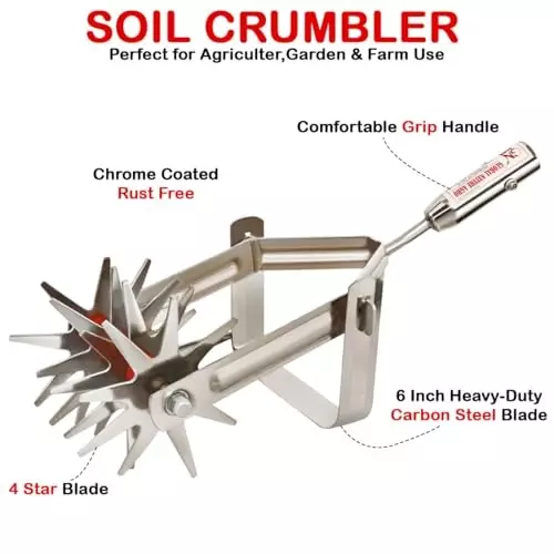 Global Nature Agro Soil Crumbler Hand Cultivator With Handle Kit 6 Inch (15.24 cm) Blade Size Hand Operated 4 ft (121 cm Handle) Wooden Grip for Home, Farming & Gardening