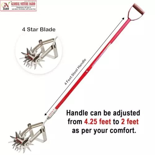 Global Nature Agro Soil Crumbler Hand Cultivator With Handle Kit 6 Inch (15.24 cm) Blade Size Hand Operated 4 ft (121 cm Handle) Wooden Grip for Home, Farming & Gardening