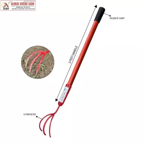 Global Nature Agro 3 Finger Garden Cultivator With Handle Kit Hand Operated 2 ft (61 cm Handle) Rubber Grip for Home, Farming & Gardening