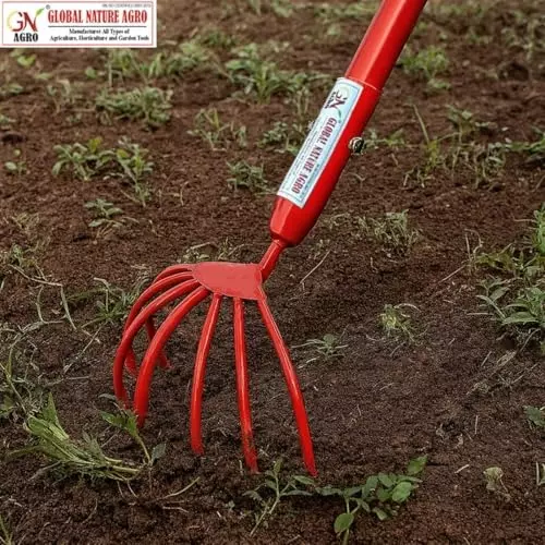 Global Nature Agro 7 Tine Hand Cultivator With Handle Kit Hand Operated 4.25 ft (130 cm Handle) D Grip for Home, Farming & Gardening