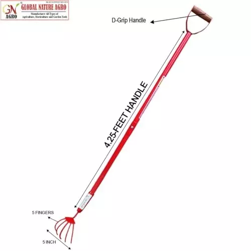 Global Nature Agro 5 Finger Garden Cultivator with D-Grip Handle Kit 5 Inch (12.7 cm) Blade Size Hand Operated 4.25 ft (130 cm Handle) Wooden Grip for Home, Farming & Gardening