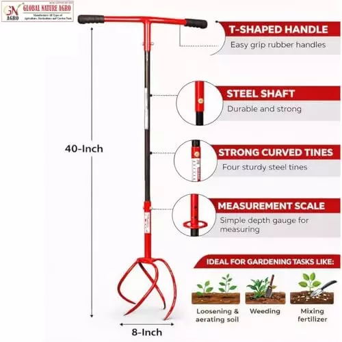 Global Nature Agro Garden Hand Cultivator With T-Handle Kit Rubber Grip for Home, Farming & Gardening, Typhoon-Super-XL+Handle, 1
