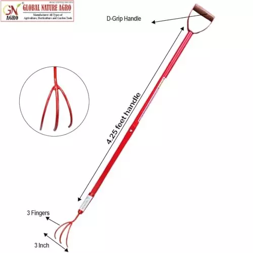 Global Nature Agro 3 Finger Garden Cultivator With D Grip Handle Kit Hand Operated 4.25 ft (130 cm Handle) Rubber Grip for Home, Farming & Gardening
