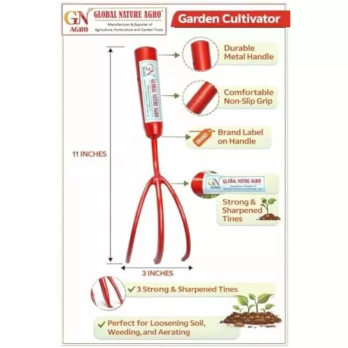 Global Nature Agro 3 Prong Hand Cultivator Hand Operated 11 Inch (28 cm) for Home, Farming & Gardening