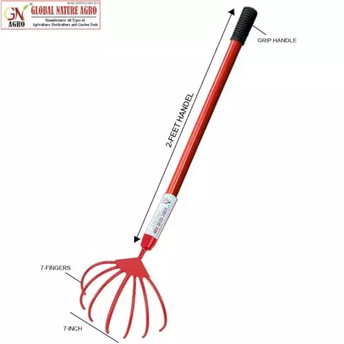 Global Nature Agro 7 Finger Garden Hand Cultivator With Handle Kit Hand Operated 2 ft (61 cm Handle) Rubber Grip for Home, Farming & Gardening