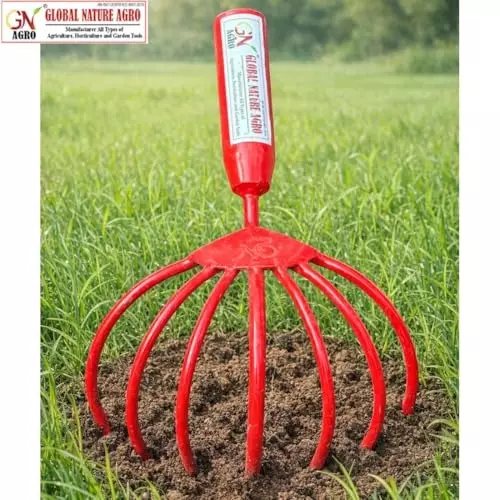 Global Nature Agro 7 Finger Garden Hand Cultivator With Handle Kit Hand Operated 2 ft (61 cm Handle) Rubber Grip for Home, Farming & Gardening