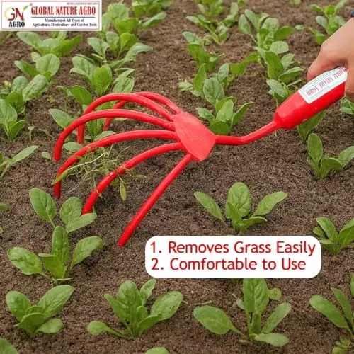 Global Nature Agro 7 Finger Garden Hand Cultivator With Handle Kit Hand Operated 2 ft (61 cm Handle) Rubber Grip for Home, Farming & Gardening