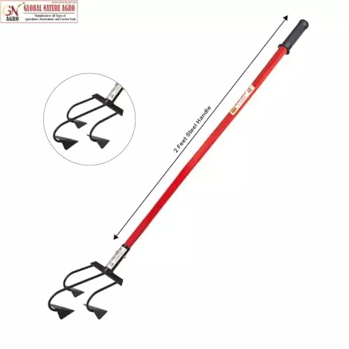 Global Nature Agro 3 Tine Garden Cultivator With Handle Kit Hand Operated 2 ft (61 cm Handle) Rubber Grip for Home, Farming & Gardening