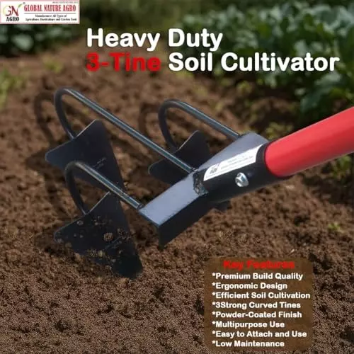 Global Nature Agro 3 Tine Hand Cultivator 4 Inch (10 cm) Blade Size Hand Operated Ergonomic Grip for Home, Farming & Gardening