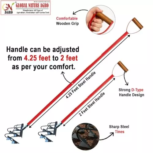 Global Nature Agro 5 Tine Hand Cultivator With Handle Kit Hand Operated 4.25 ft (130 cm Handle) Wooden Grip for Home, Farming & Gardening