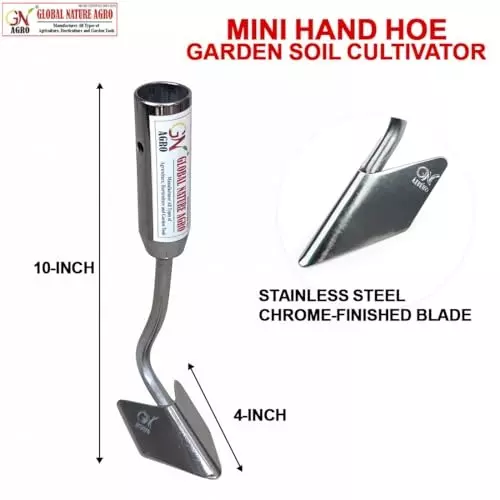 Global Nature Agro Mini Hand Hoe Garden Cultivator 4 Inch (10 cm) Blade Size Hand Operated Ergonomic Grip for Home, Farming & Gardening