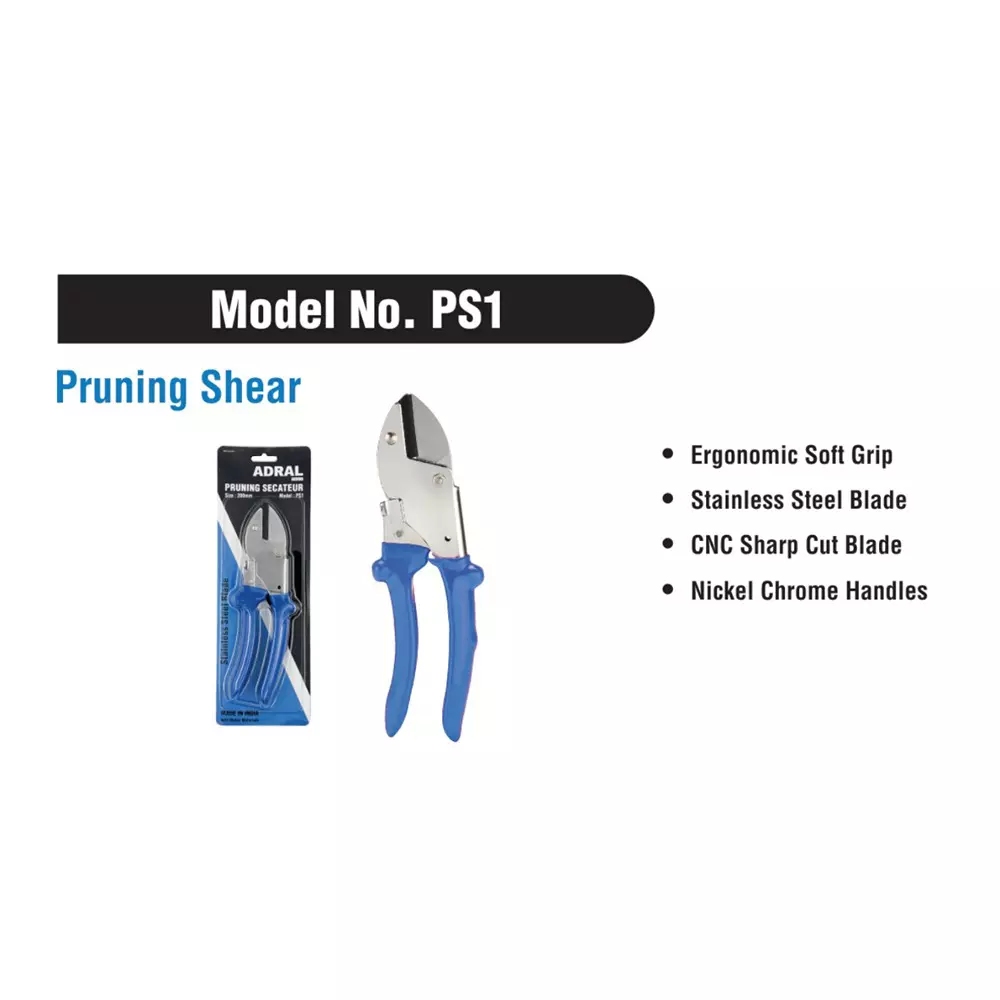 ADRAL Pruning Shear 200 mm Nickel Chrome Blue & Silver Steel & Plastic 15 mm for Industrial Use, PS1
