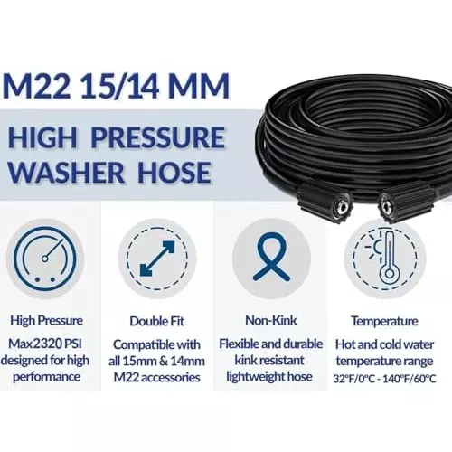 MECRAAF High Pressure Washer Rubber Hose Pipe 15 m1 with 60 BAR / 16 MPa / 2320 PSI Pressure, HOSE-15M