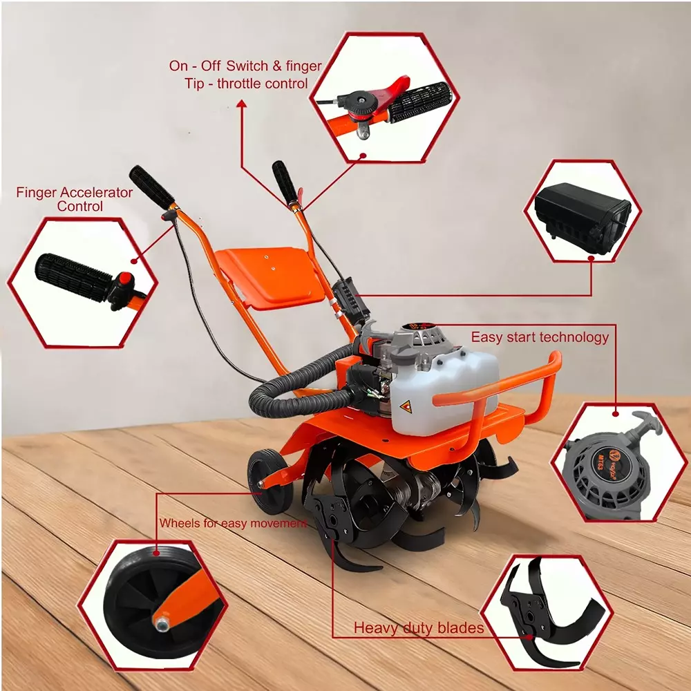 Voltz Farming Mini Tiller 4 Stroke Torque Engine 3 HP Fuel Power 2 Stroke Petrol Engine 63 cc Orange for Agricultural Use, MT-63