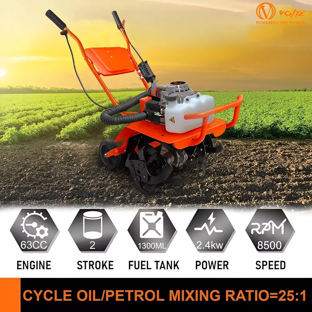 Voltz Farming Mini Tiller 4 Stroke Torque Engine 3 HP Fuel Power 2 Stroke Petrol Engine 63 cc Orange for Agricultural Use, MT-63