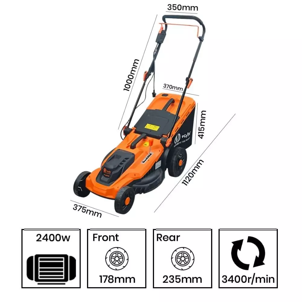 Voltz Electric Lawn Mower with 17 inch (43.1 mm) Spinning Steel Blade and 52 L Grass Collection Capacity, VZ-LM2400