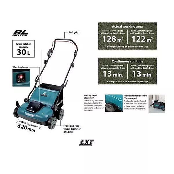 Makita Cordless Lawn Mower 18 V LXT Li-Ion 320 mm Cutting Width and 0 - 3300 RPM No Load Speed, DUV320RT (With Battery & Charger)