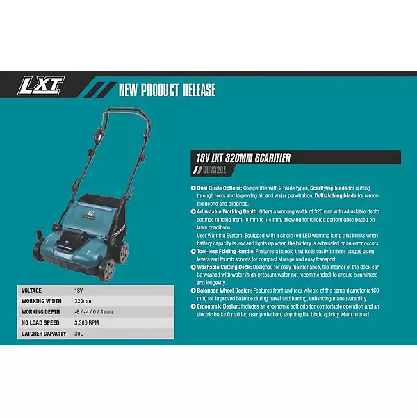 Makita Cordless Lawn Mower 18 V LXT Li-Ion 320 mm Cutting Width and 0 - 3300 RPM No Load Speed, DUV320RT (With Battery & Charger)