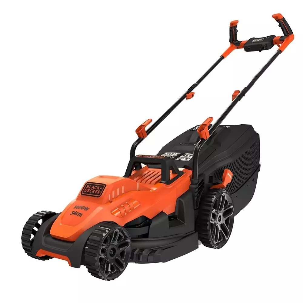 Black+Decker Lawn Mower With Bike Handle Plastic 1400 W Power 13.38 Inch (34 cm) Cutting Width 400 m² Mowing Area for Grass Cutting, BEMW461BH-B1