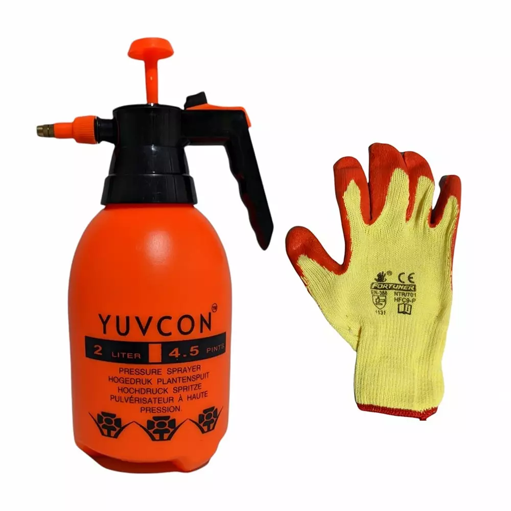Yuvcon Compression Sprayer 2 Litre Capacity with Brass Nozzle and Gloves for Gardening and Cleaning Use