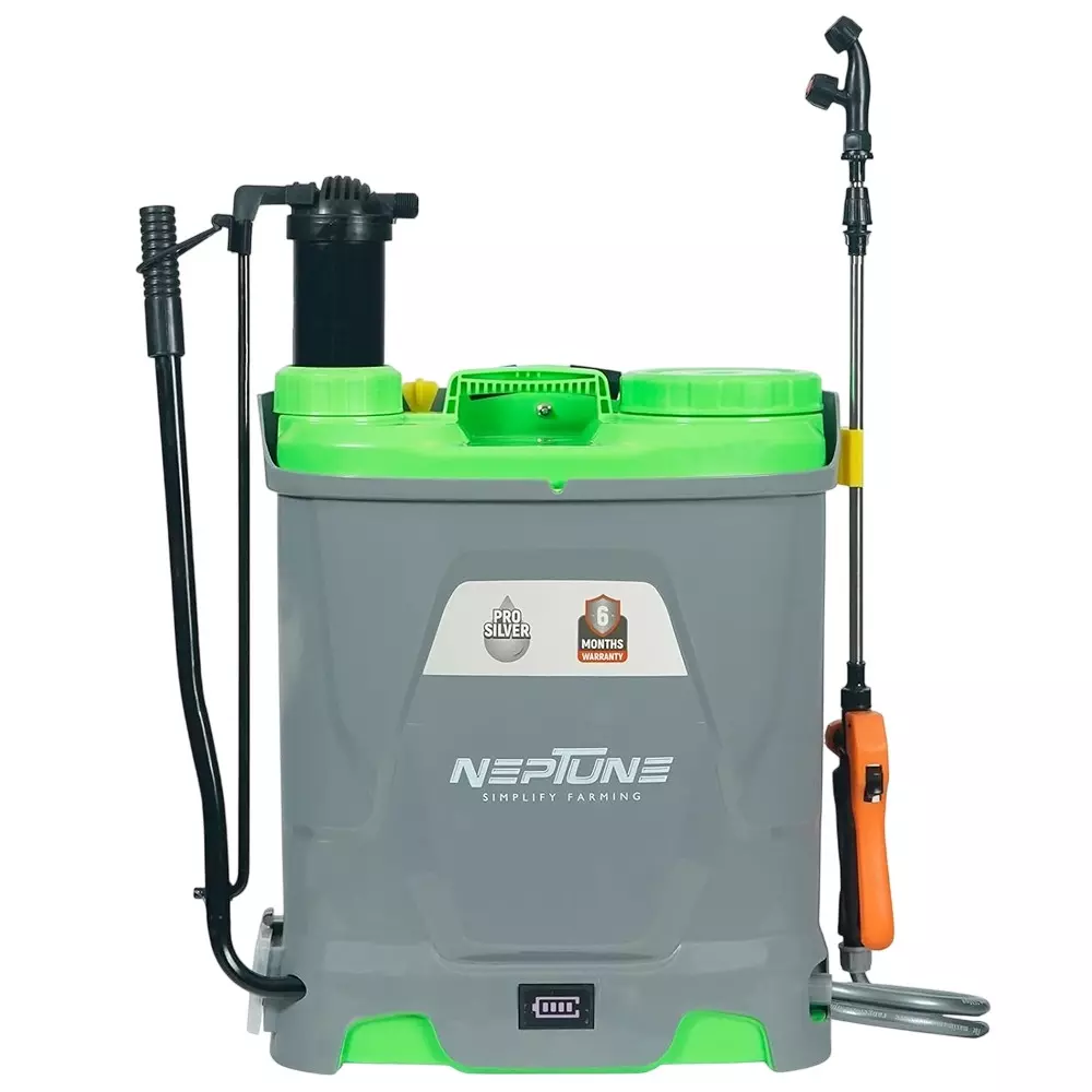 Neptune Knapsack Sprayer 2 in 1 Battery and Manual Operated 18 L Tank Capacity 12 V x 8 Ah Battery Capacity With 4 Nozzles, Silver Pro 21