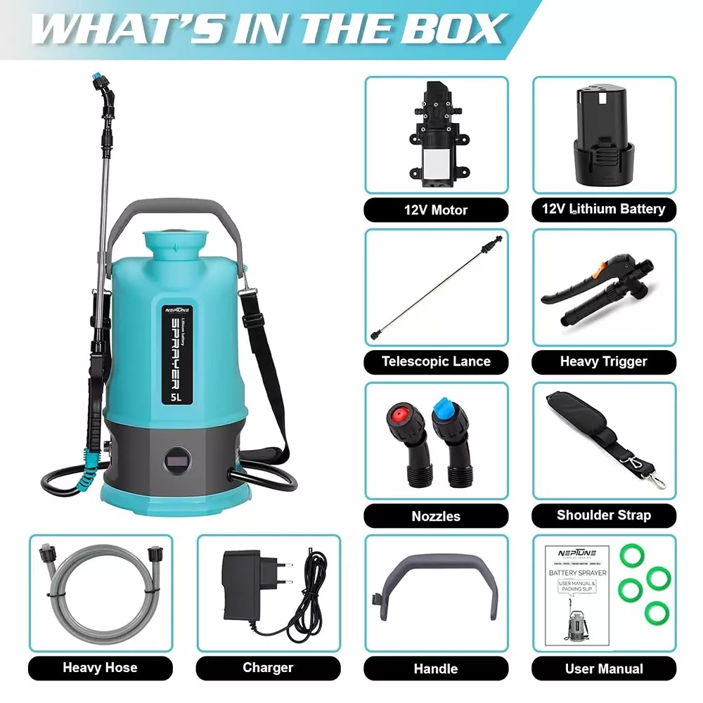 neptune-battery-powered-garden-sprayer-5-l-tank-capacity-2-type-nozzles-with-adjustable-shoulder-strap