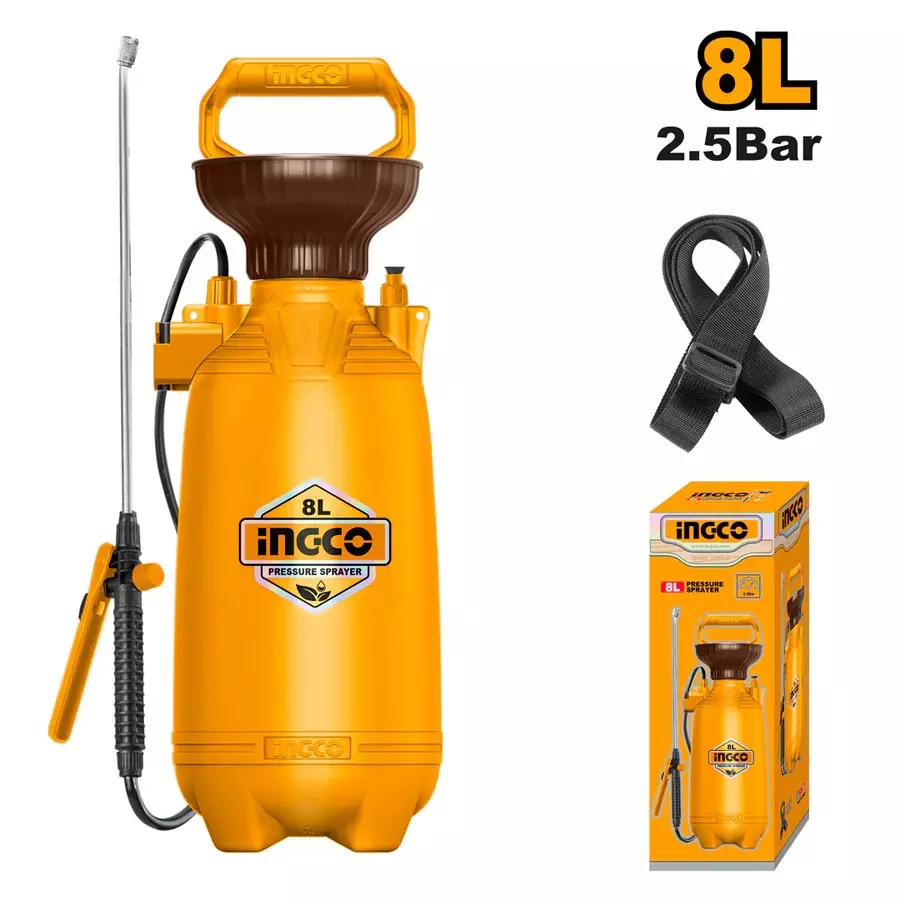 Ingco Pressure Sprayer, 8 L Tank Capacity and 2.5 Bar Pressure with 1 Pc Handy Carry Strap, HSPP30802
