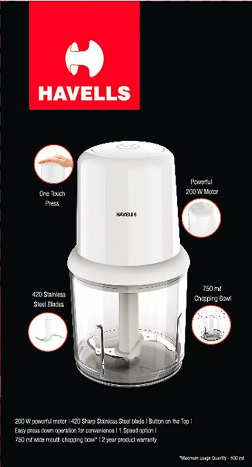 Havells Coral 750 ml White Microfiber Chopper 200 W, GHFCHCPW020