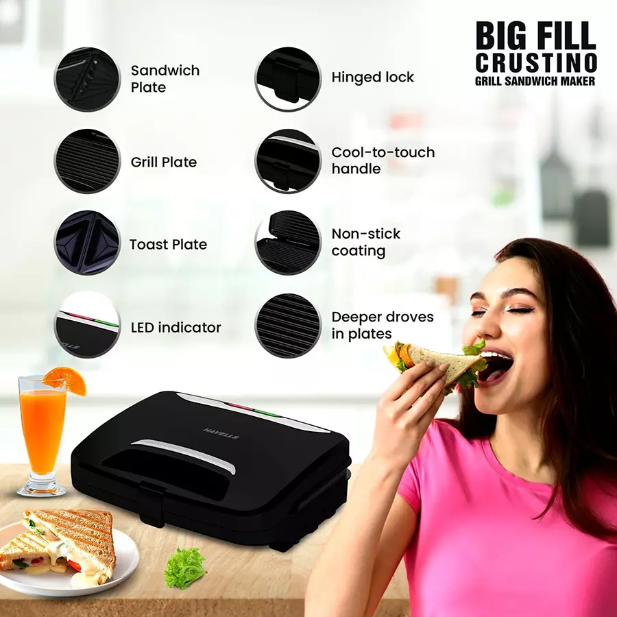 Havells 900 W Crustino Big Fill Sandwich Maker Black, GHCSTECK090