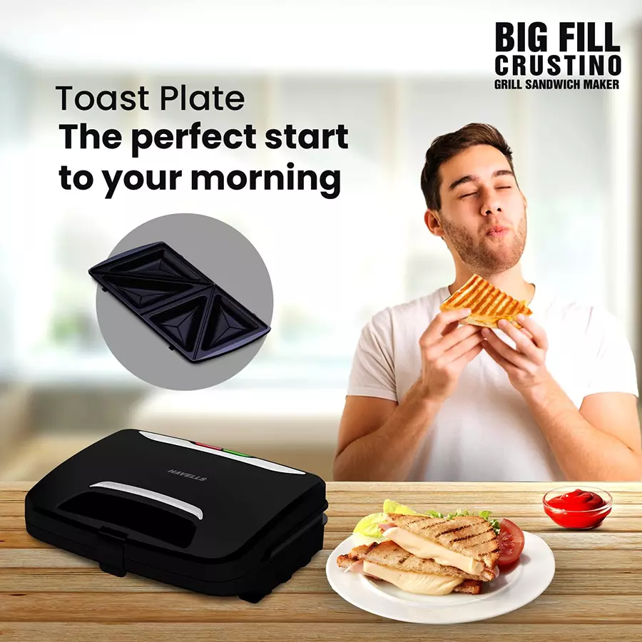 Havells 900 W Crustino Big Fill Sandwich Maker Black, GHCSTECK090