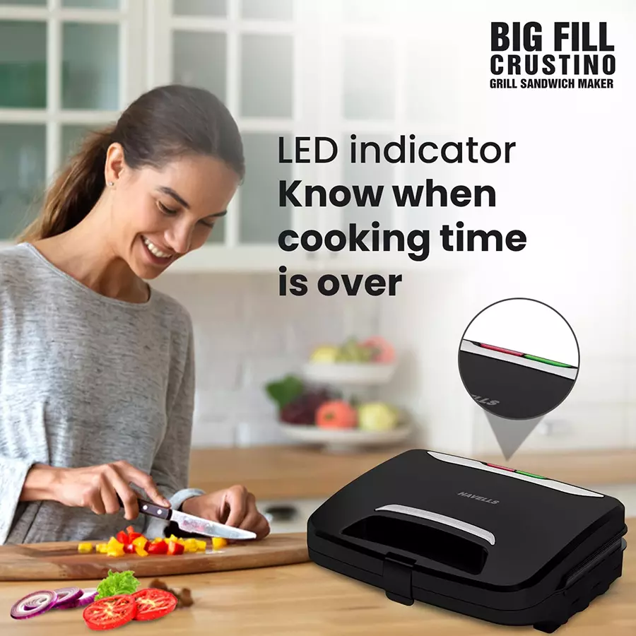 Havells 900 W Crustino Big Fill Sandwich Maker Black, GHCSTECK090