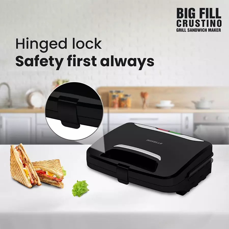 Havells 900 W Crustino Big Fill Sandwich Maker Black, GHCSTECK090