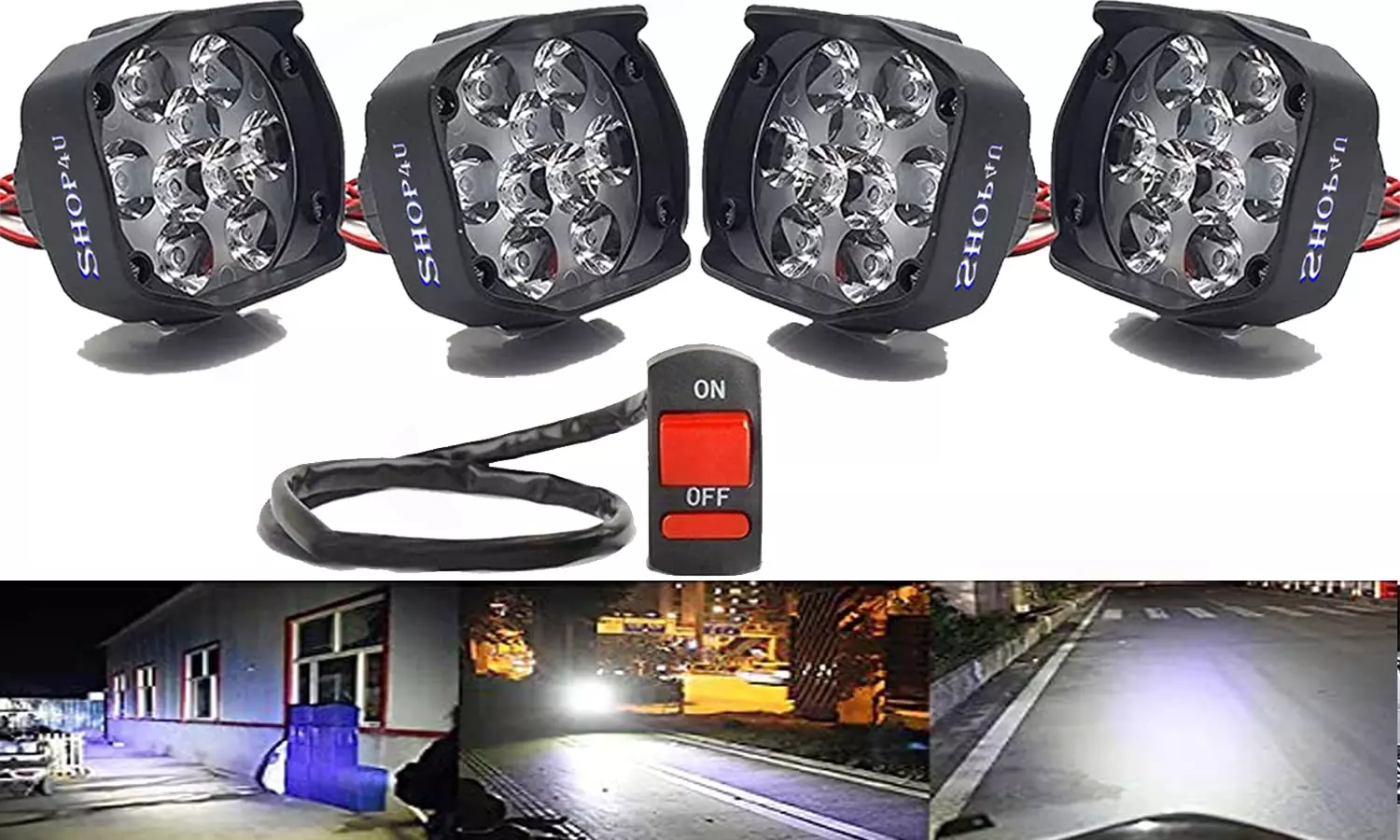 SHOP4U Waterproof High Power 9 Led White Bar Fog Light Pack of 4 for Off-Roading & Highway Driving for Bikes/Scooty with 1 On/Off Switch