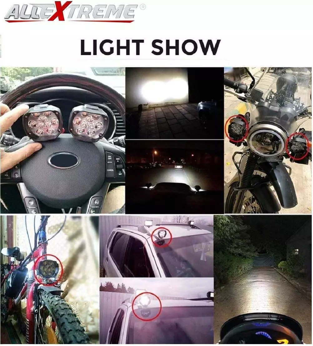 AllExtreme EXL5FWS Imported 9 LED Fog Light Spot Beam Waterproof Heavy Duty Pod Driving Work Lamp with Handlebar Switch for Motorcycle Bike Car and SUV (15W, White Light, 2 PCS, 6 Months Warranty)