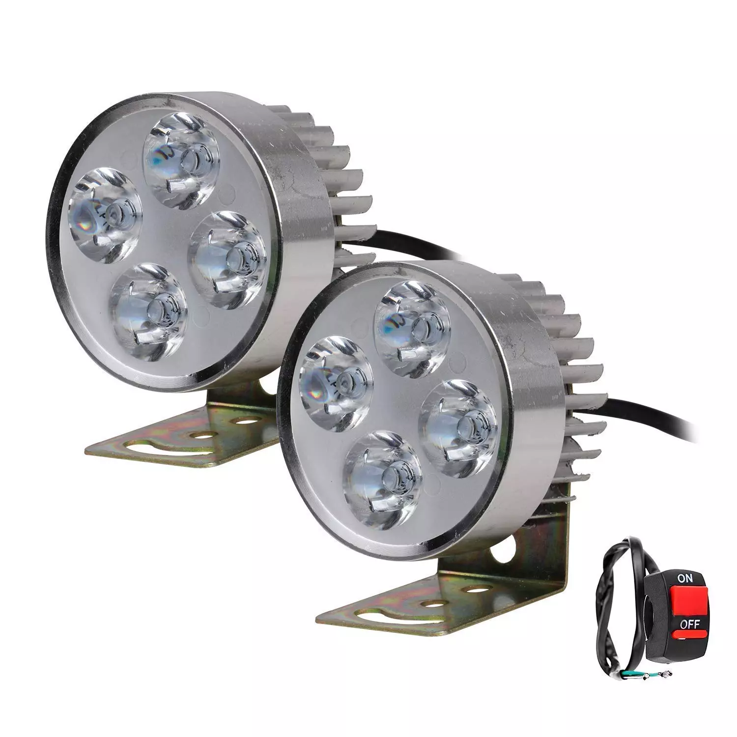 AllExtreme EX42P 4 LED Small Round Fog Lamp Waterproof Off Road Driving Worklight with Mounting Brackets for Car, Motorcycle, Boat and Cruiser Bikes (12W, White Light, Pack of 2)