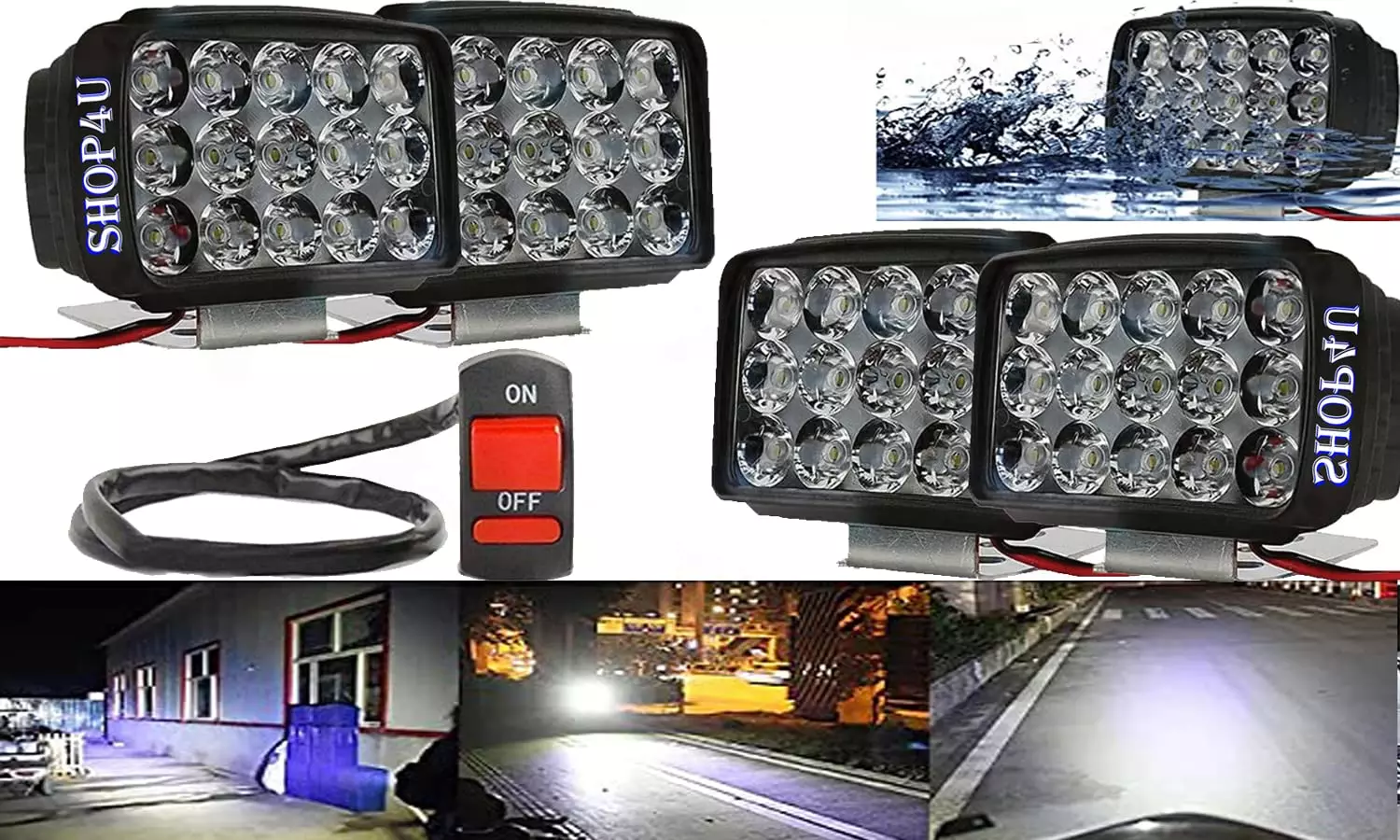 SHOP4U Waterproof High Power 15 Led White Bar Fog Light Pack of 4  for Off-Roading & Highway Driving for Bikes/Scooty with 1 On/Off Switch