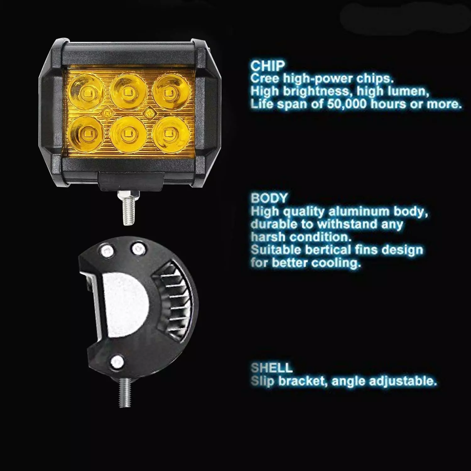AllExtreme 6 LED Fog Light / Work Light Bar Spot Beam Off Road Driving Lamp 2 Pcs 30W Cree,Universal Fitting hence Good Fit LED Work Lights for Royal Enfield, Truck, Car, ATV, SUV, Jeep all Bikes and Cars(Amber Yellow)