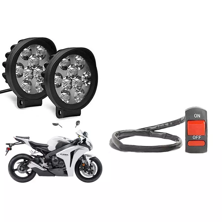 Cartronics 9 Round Cap LED Fog Light With On/Off Switch for for Honda CBR 1000 RR (Set of 2 Pcs)