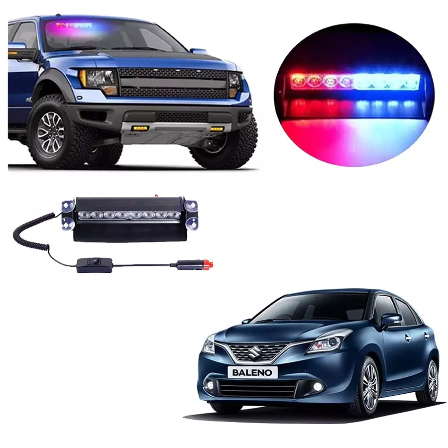 Cartronics 8 LED Red Blue Police Flasher Light for Maruti Suzuki Baleno