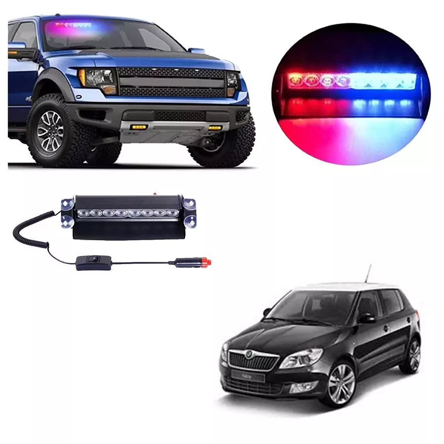 Cartronics 8 LED Red Blue Police Flasher Light for Skoda Fabia