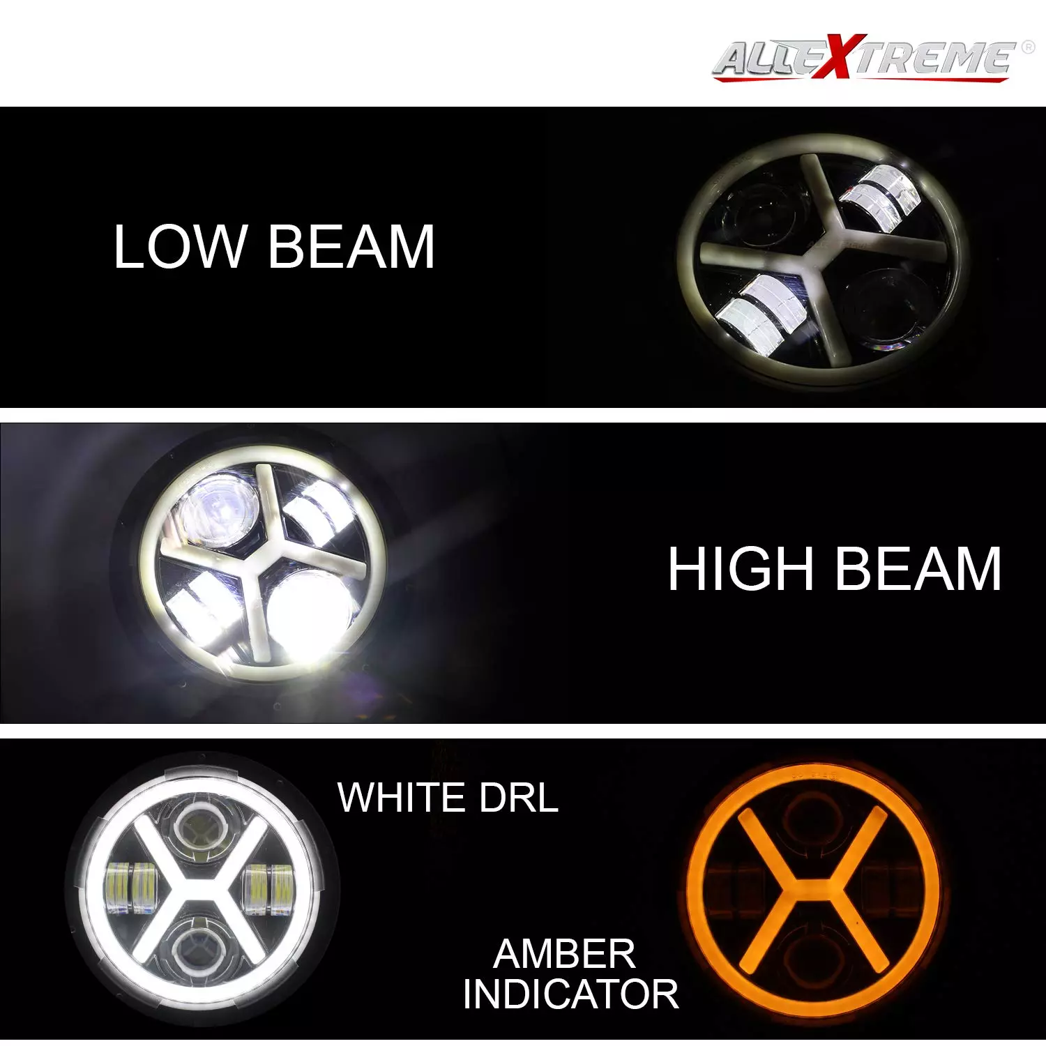 AllExtreme EX989H2 17.78 cm (7 Inch) Full Ring Round LED Headlight with Hi/Low Beam and Angel Eye Lamp Compatible with Royal Enfield Bullet, Harley Davidson Jeep Wrangler